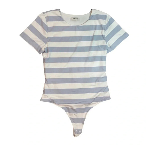 Aritzia Babaton Contour Crew Shortsleeve Bodysuit | Blue and white stripe Size L - Picture 2 of 5